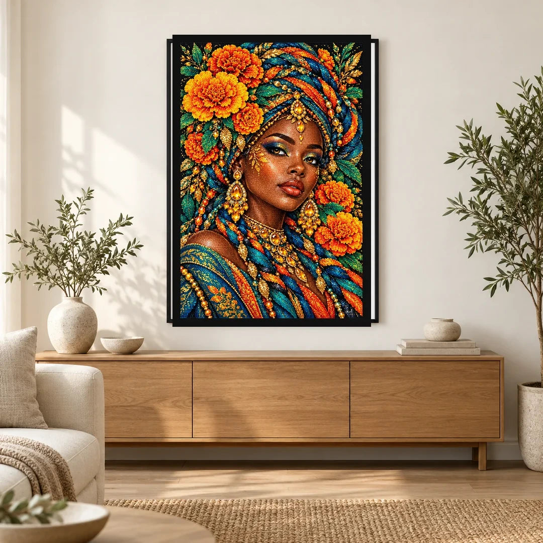 Marigold Festival Queen finished diamond painting in a home interior
