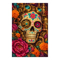 White-background original artwork of a colorful jeweled sugar skull surrounded by marigolds and roses for a diamond painting kit