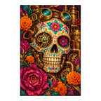 White-background original artwork of a colorful jeweled sugar skull surrounded by marigolds and roses for a diamond painting kit