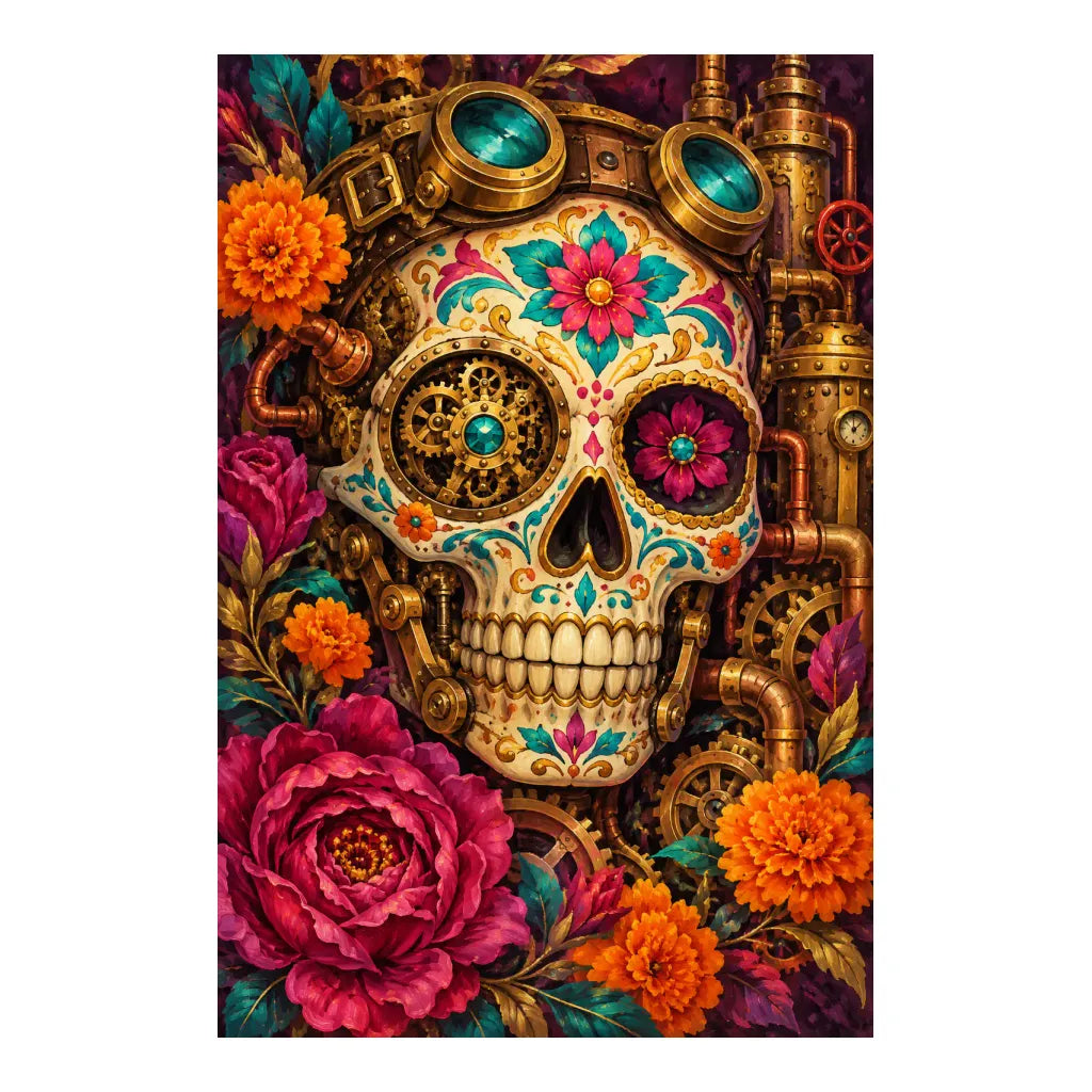 White-background original artwork of a colorful jeweled sugar skull surrounded by marigolds and roses for a diamond painting kit