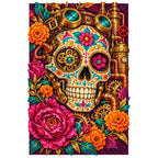 White-background finished diamond painting of a colorful jeweled sugar skull surrounded by marigolds and roses with sparkling drills