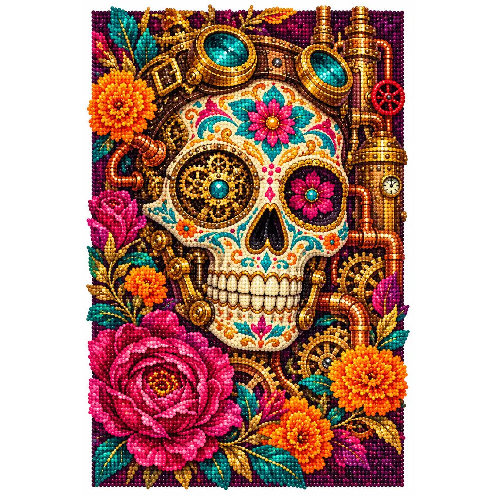 White-background finished diamond painting of a colorful jeweled sugar skull surrounded by marigolds and roses with sparkling drills