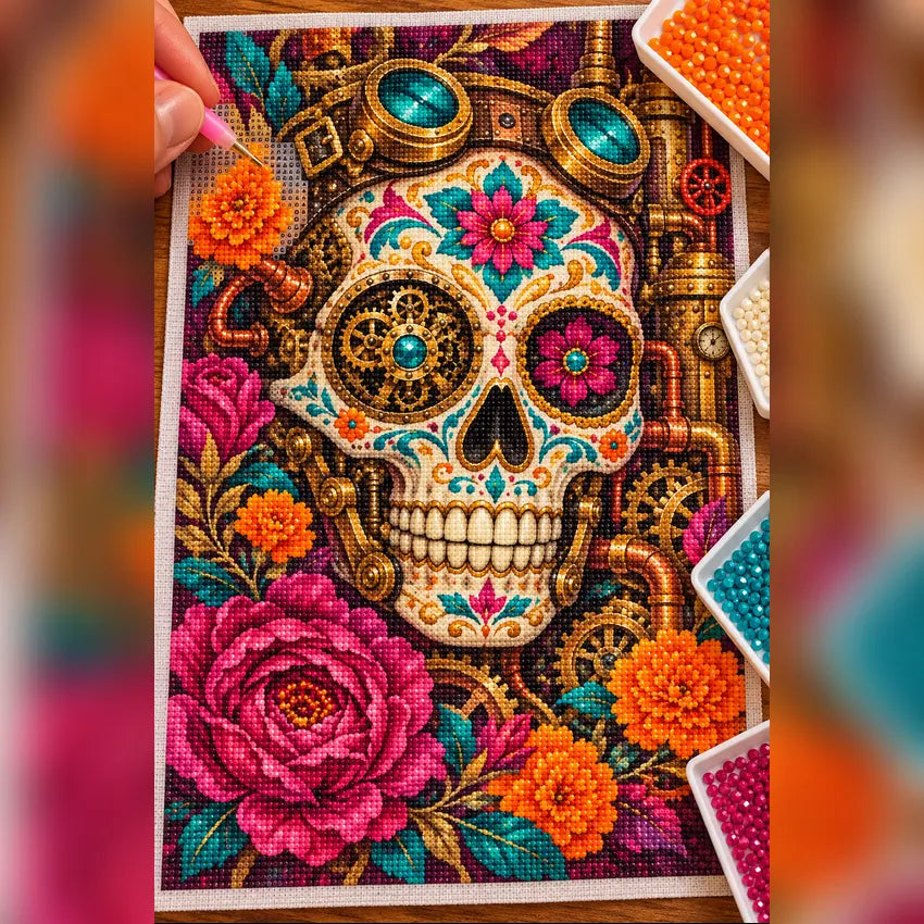 Diamond painting process showing a colorful jeweled sugar skull surrounded by marigolds and roses being completed with a stylus