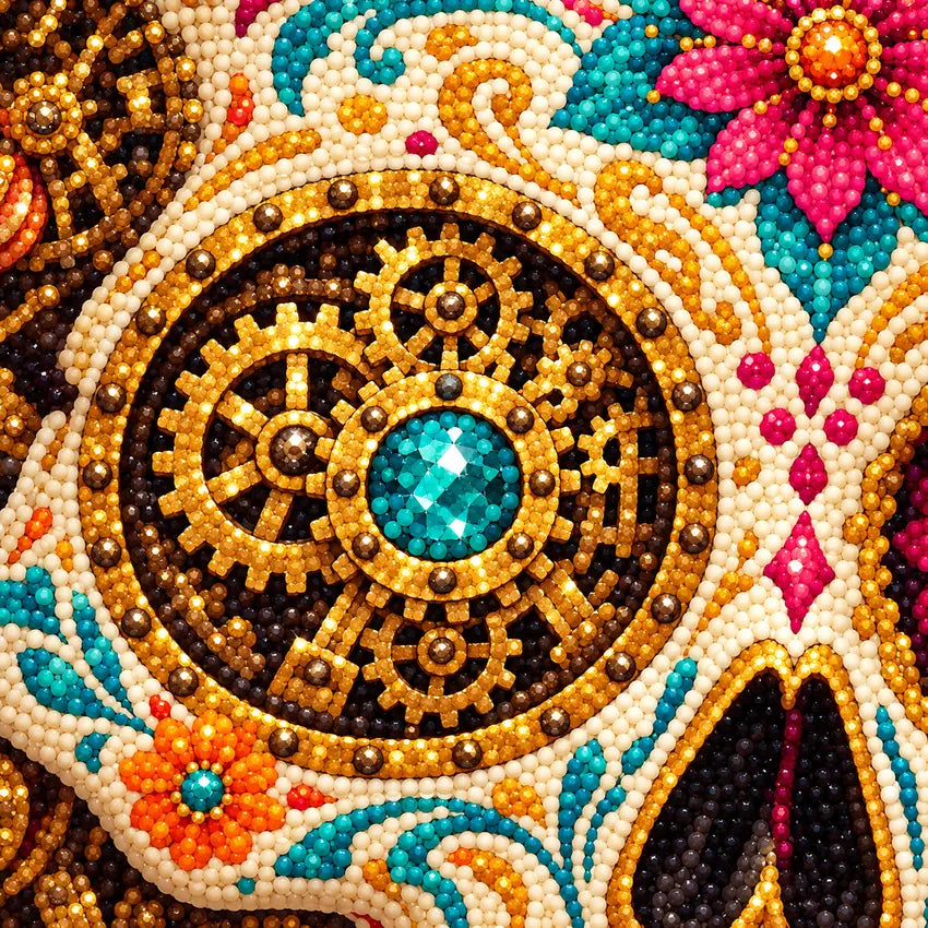 Close-up diamond drill detail of a colorful jeweled sugar skull surrounded by marigolds and roses artwork
