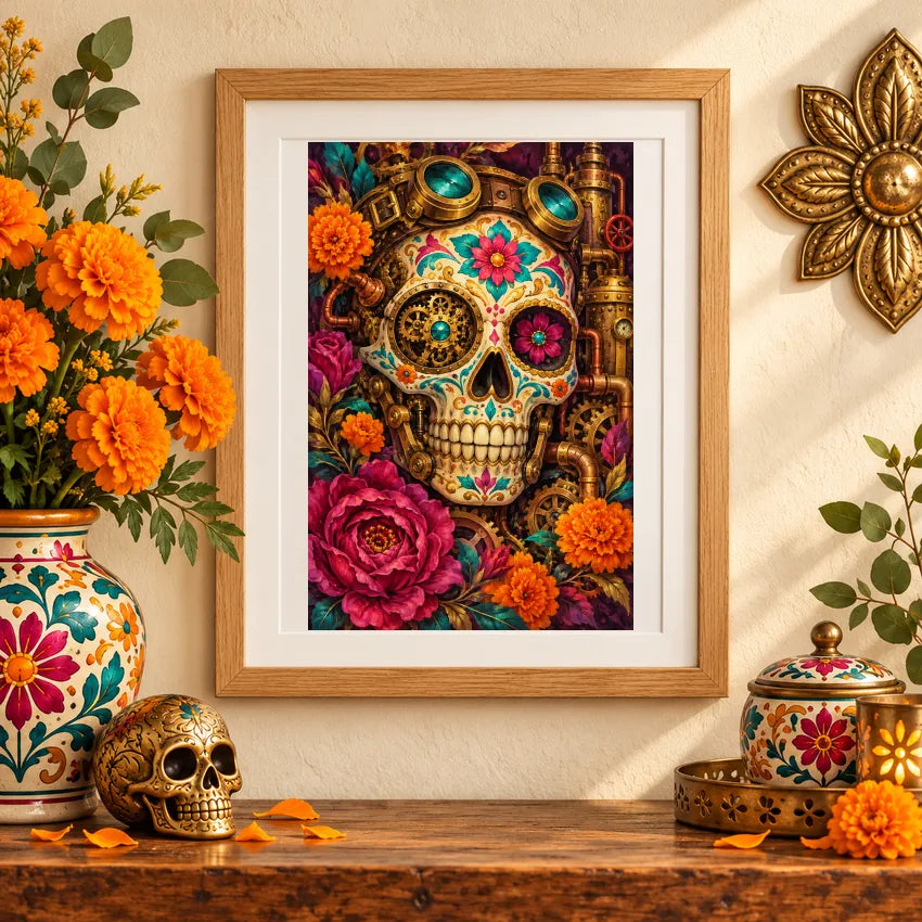 Framed a colorful jeweled sugar skull surrounded by marigolds and roses diamond painting displayed as home decor