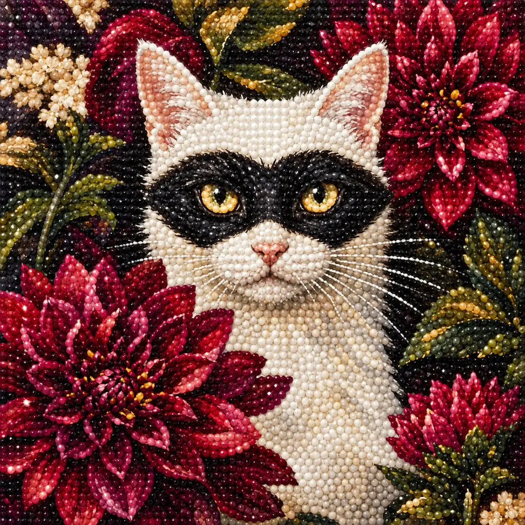 Close-up of faceted diamonds on the masked cat and dahlias