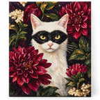 Finished diamond painting of a masked white cat among dahlias
