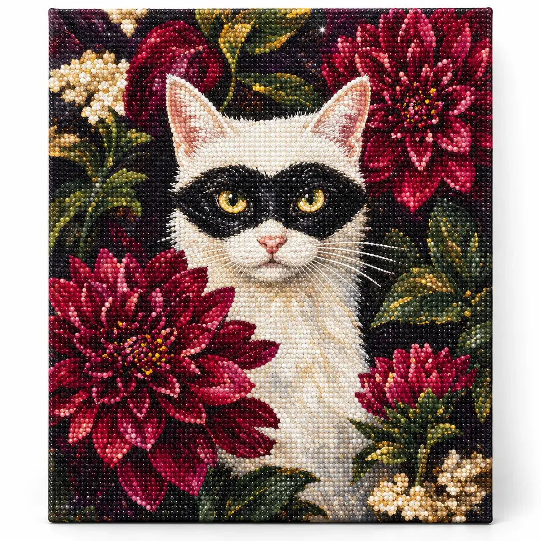 Finished diamond painting of a masked white cat among dahlias