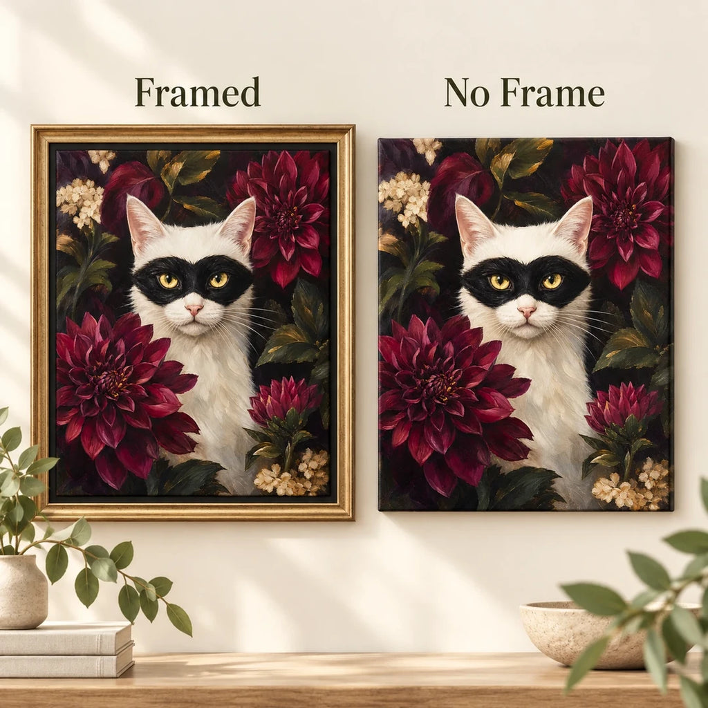Framed and no frame versions of the masked cat and dahlias diamond painting