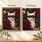 Framed and no frame versions of the masked cat and dahlias diamond painting