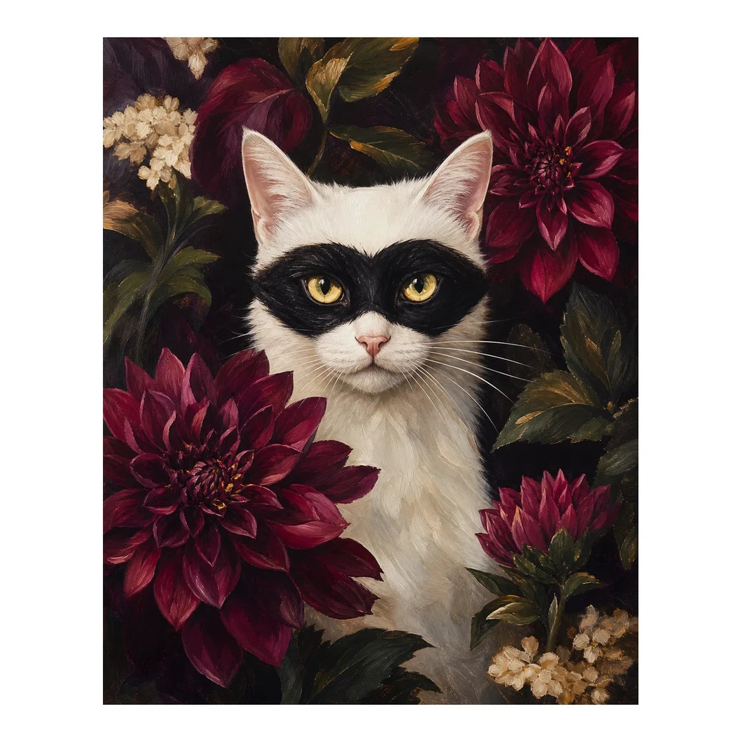 Original masked cat among dahlias artwork