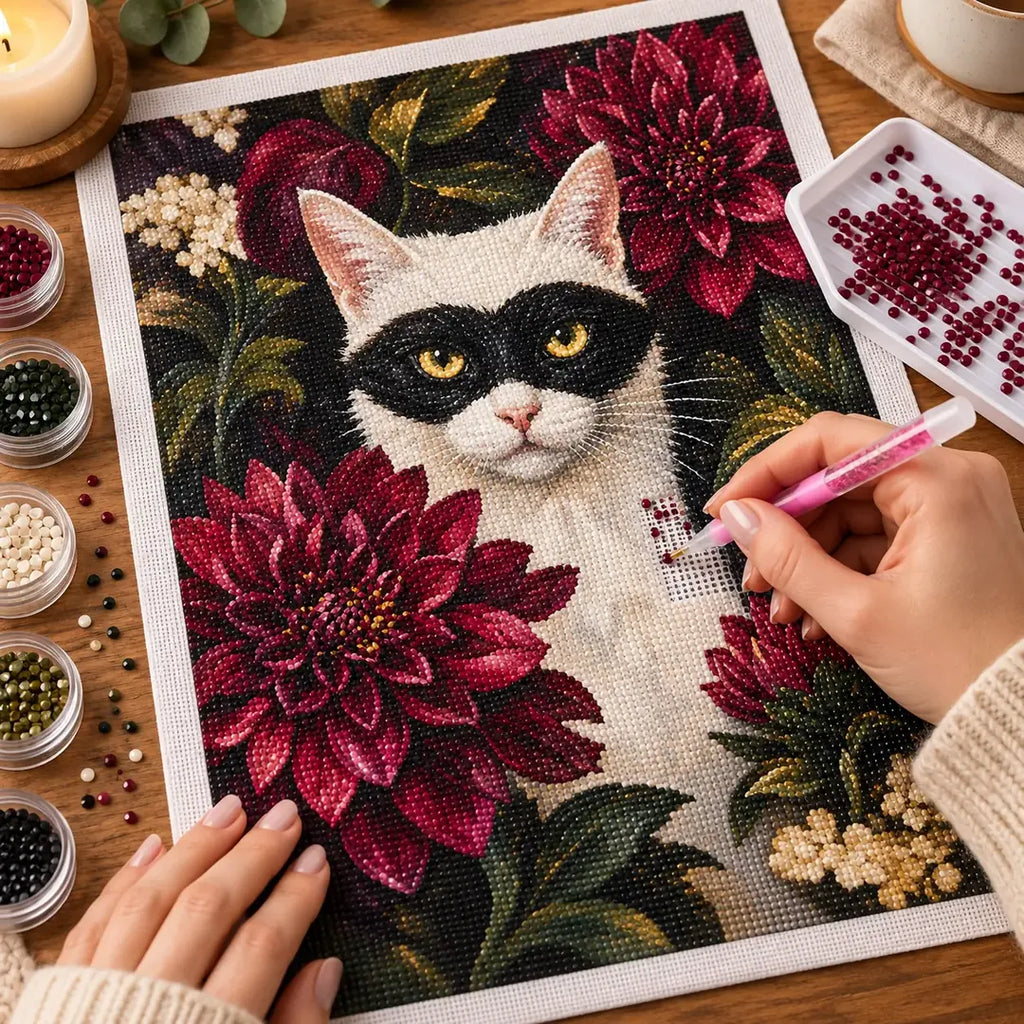 Hands placing diamonds on the masked cat and dahlia design