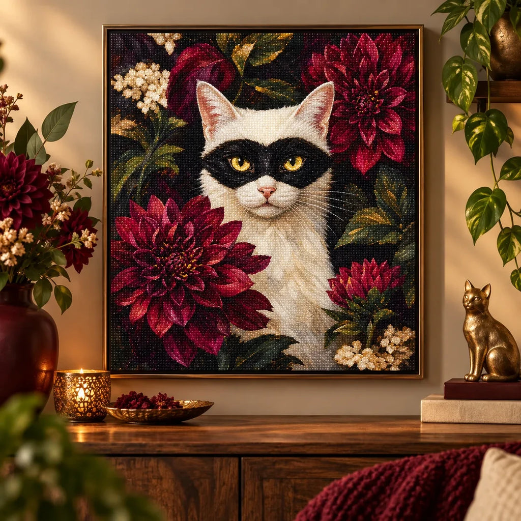 Framed masked cat and dahlia diamond painting displayed in a home