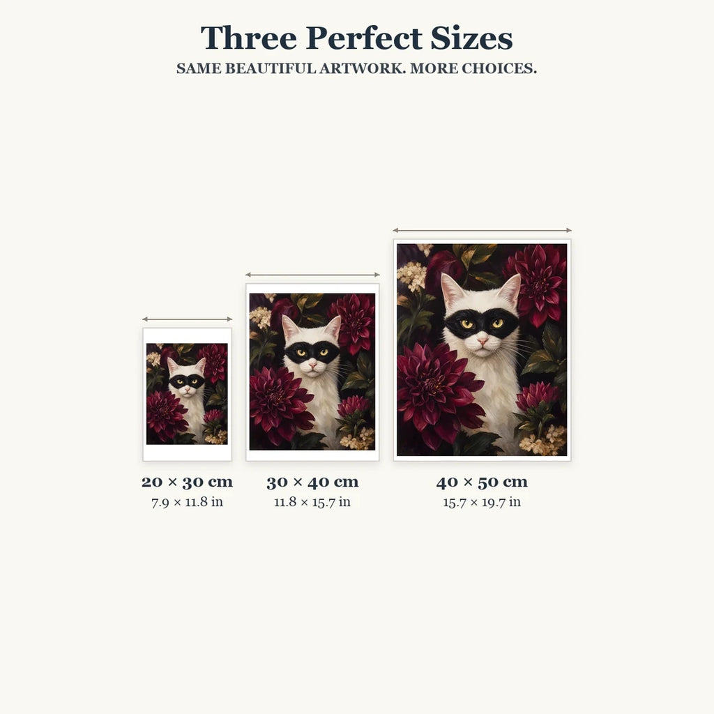 Masked cat and dahlias diamond painting shown in three portrait sizes: 20 × 30, 30 × 40, and 40 × 50 cm