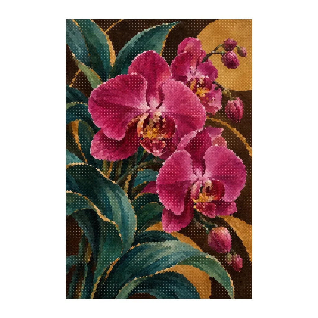White-background finished diamond painting of maximalist orchid wall