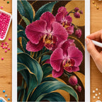 Hands placing drills on the maximalist orchid wall diamond painting canvas
