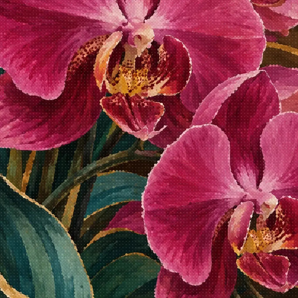 Close-up diamond detail of the maximalist orchid wall diamond painting