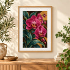 Framed home display of the maximalist orchid wall diamond painting