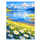 Original artwork for Meadow By The Alpine Lake Diamond Painting Kit, featuring a daisy-filled meadow beside an alpine lake beneath snowy peaks.