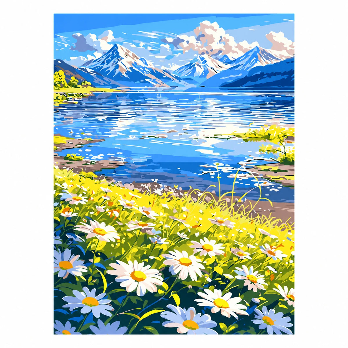 Original artwork for Meadow By The Alpine Lake Diamond Painting Kit, featuring a daisy-filled meadow beside an alpine lake beneath snowy peaks.