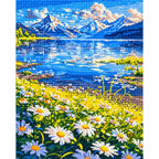 Completed Meadow By The Alpine Lake diamond painting showing a daisy-filled meadow beside an alpine lake beneath snowy peaks.