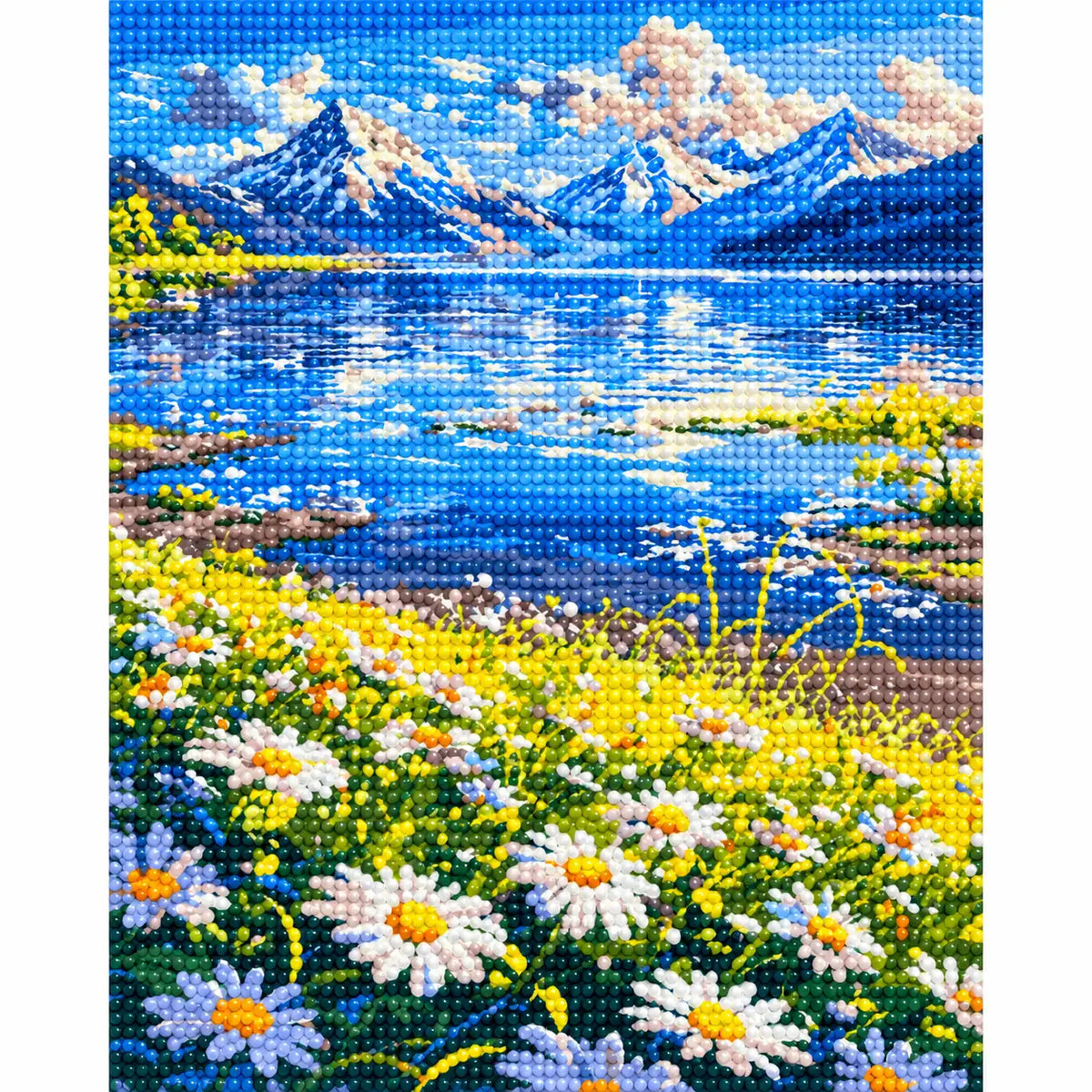 Completed Meadow By The Alpine Lake diamond painting showing a daisy-filled meadow beside an alpine lake beneath snowy peaks.