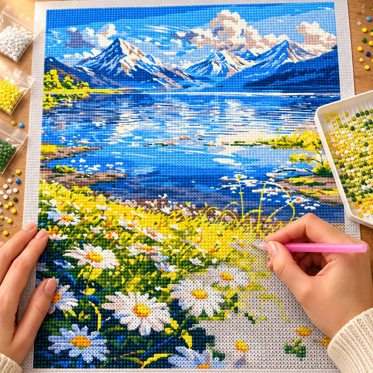 Making the Meadow By The Alpine Lake diamond painting, with hands placing drills over a daisy-filled meadow beside an alpine lake beneath snowy peaks.