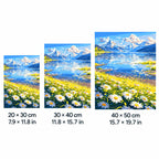 Size guide for Meadow By The Alpine Lake Diamond Painting Kit with 20 × 30 cm, 30 × 40 cm and 40 × 50 cm options.