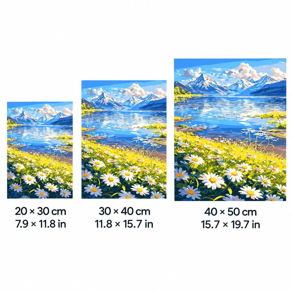 Size guide for Meadow By The Alpine Lake Diamond Painting Kit with 20 × 30 cm, 30 × 40 cm and 40 × 50 cm options.
