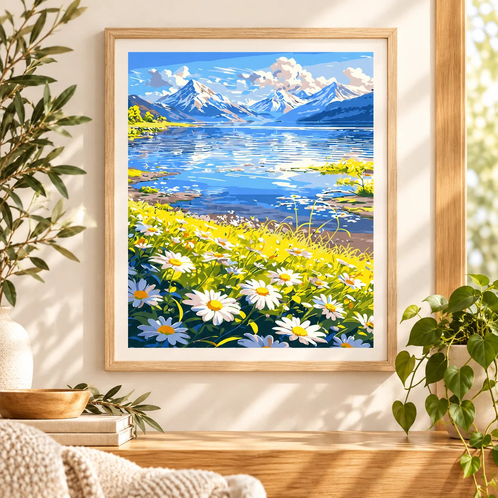 Home decor scene with the Meadow By The Alpine Lake diamond painting featuring a daisy-filled meadow beside an alpine lake beneath snowy peaks.