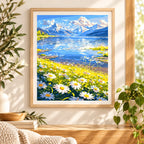 Home decor scene with the Meadow By The Alpine Lake diamond painting featuring a daisy-filled meadow beside an alpine lake beneath snowy peaks.
