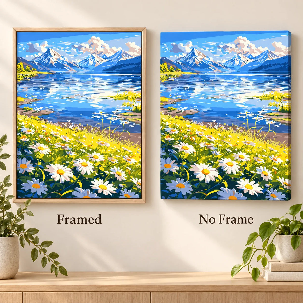 Framed and no-frame comparison for the Meadow By The Alpine Lake diamond painting, featuring a daisy-filled meadow beside an alpine lake beneath snowy peaks.
