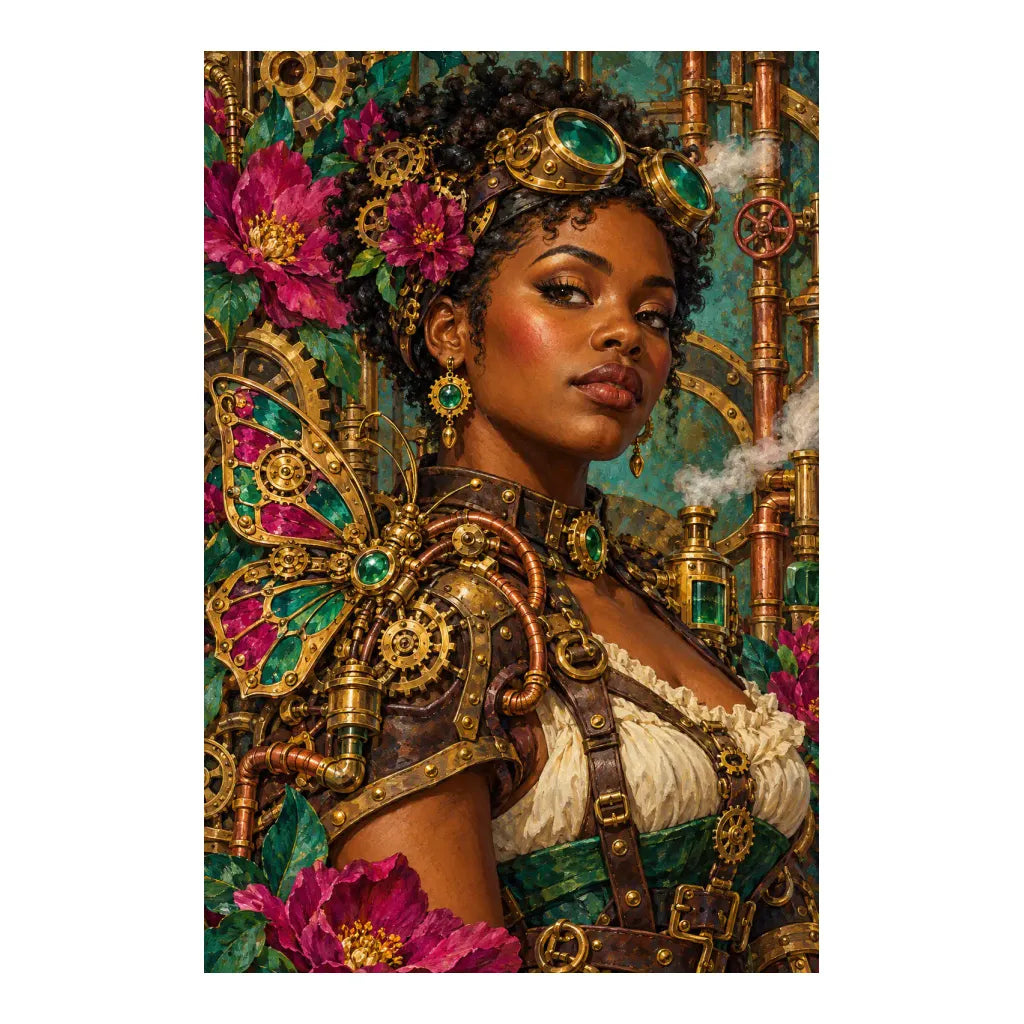 Original white-background artwork of a maker holding a mechanical butterfly among brass gears and flowers