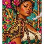 White-background diamond-painted canvas showing a maker holding a mechanical butterfly among brass gears and flowers