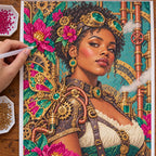 Hands placing diamond drills on the mechanical butterfly maker canvas