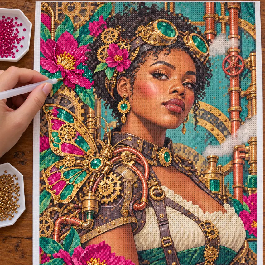 Hands placing diamond drills on the mechanical butterfly maker canvas