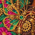 Close-up of faceted drills forming a maker holding a mechanical butterfly among brass gears and flowers