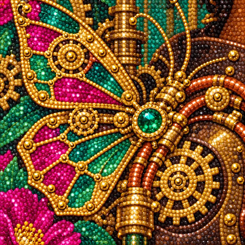 Close-up of faceted drills forming a maker holding a mechanical butterfly among brass gears and flowers