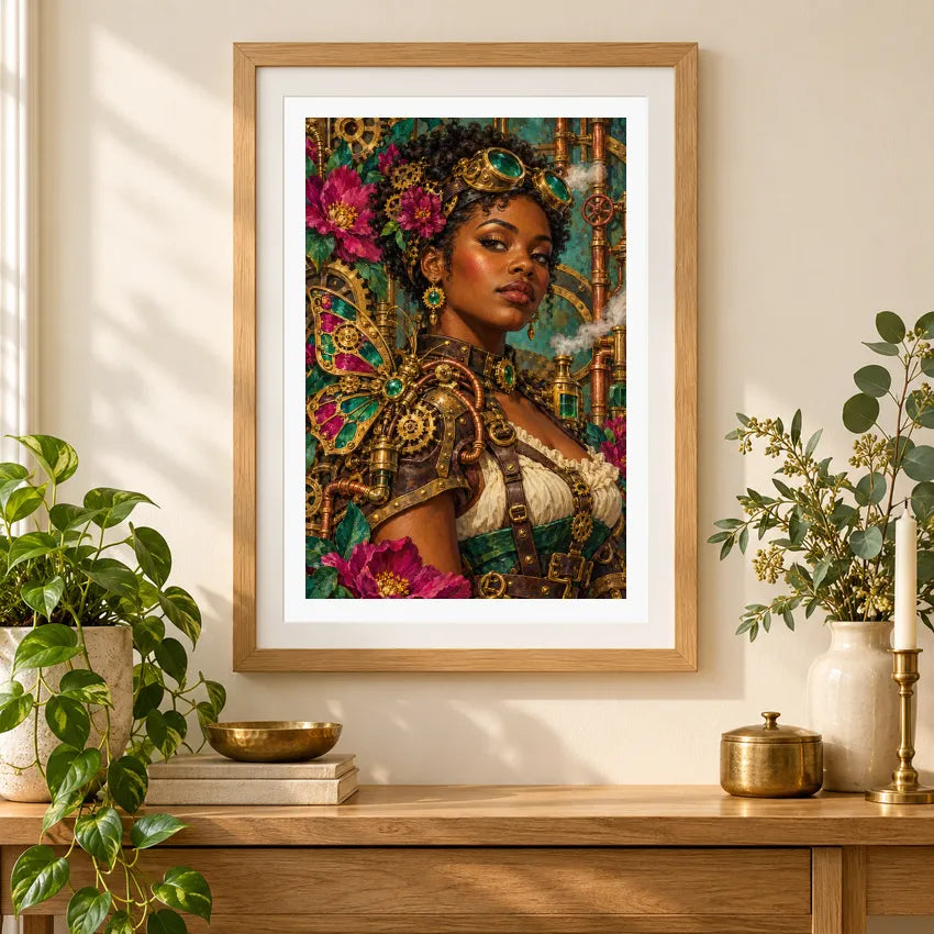 Framed diamond painting of a maker holding a mechanical butterfly among brass gears and flowers displayed in a home interior