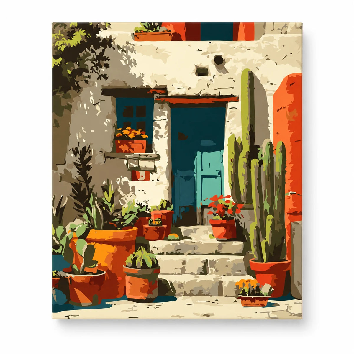 Mediterranean Cactus Doorway paint by numbers artwork on a front-facing canvas against a white background