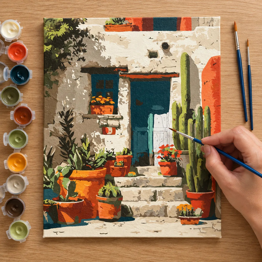 Complete Mediterranean Cactus Doorway numbered canvas being painted with acrylic paints and brushes