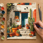 Complete Mediterranean Cactus Doorway numbered canvas being painted with acrylic paints and brushes