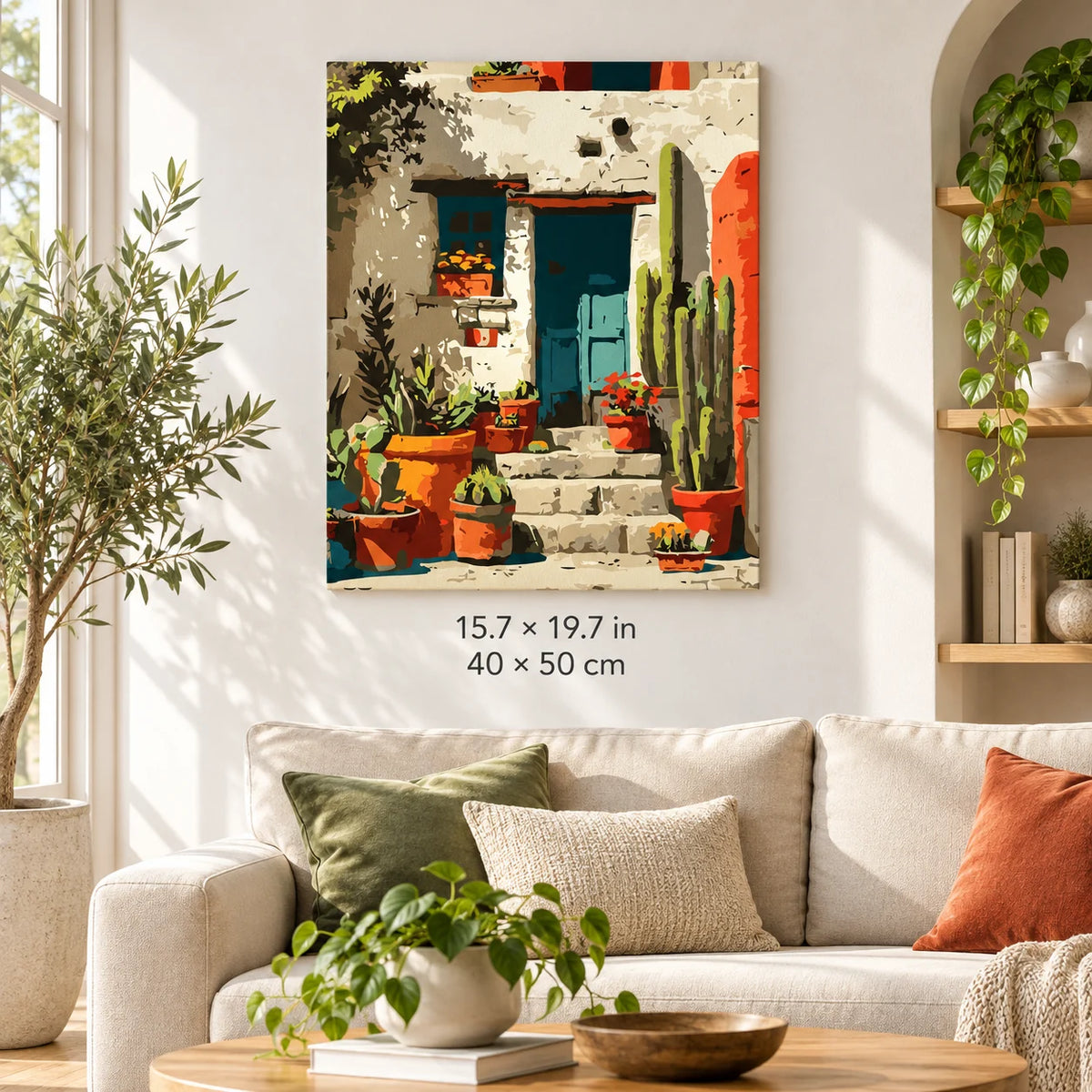 Mediterranean Cactus Doorway shown in a styled room with 15.7 × 19.7 in and 40 × 50 cm dimensions