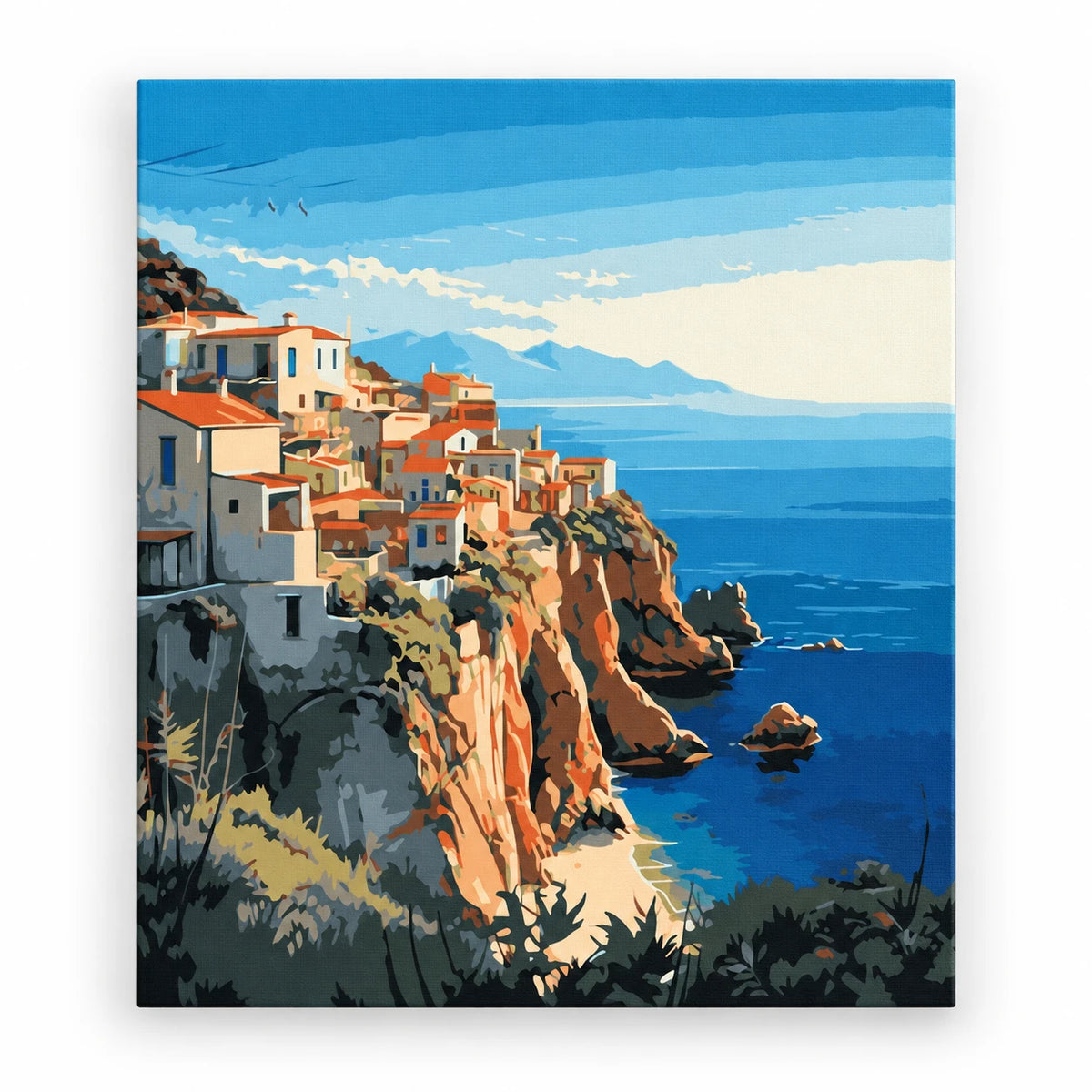 Mediterranean Cliffside Village paint by numbers artwork on a front-facing canvas against a white background