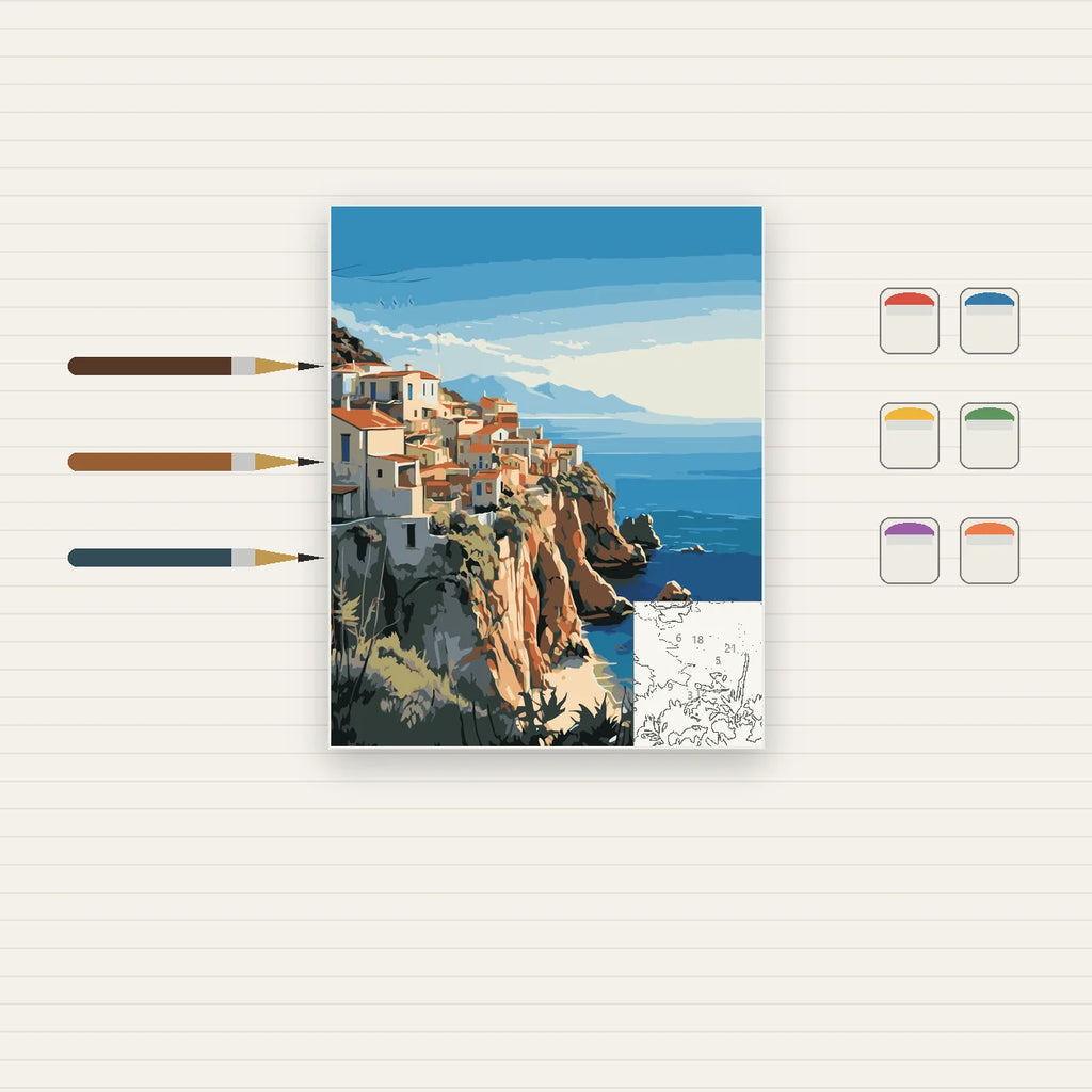 Complete Mediterranean Cliffside Village numbered canvas being painted with acrylic paints and brushes