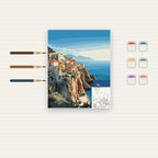 Complete Mediterranean Cliffside Village numbered canvas being painted with acrylic paints and brushes