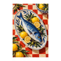 White-background original artwork of mediterranean fish and lemon
