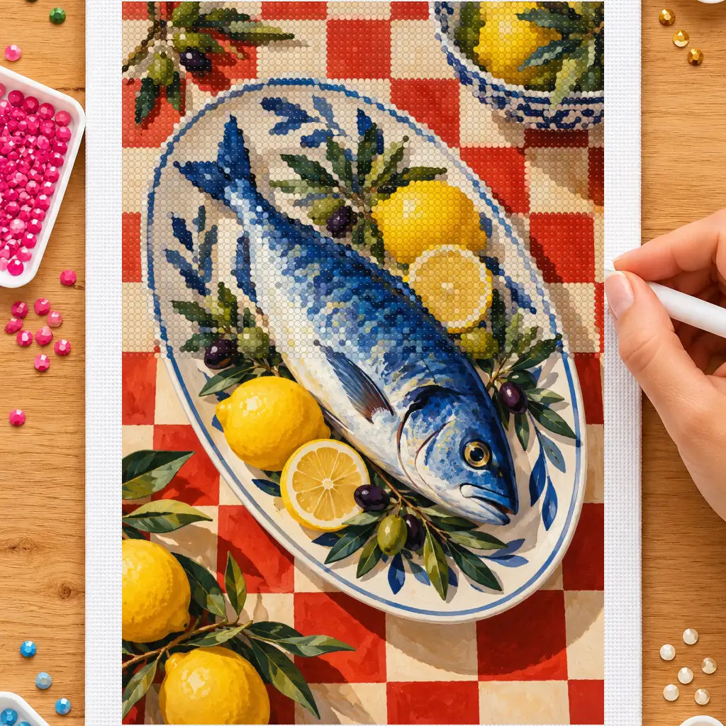Hands placing drills on the mediterranean fish and lemon diamond painting canvas