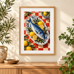 Framed home display of the mediterranean fish and lemon diamond painting