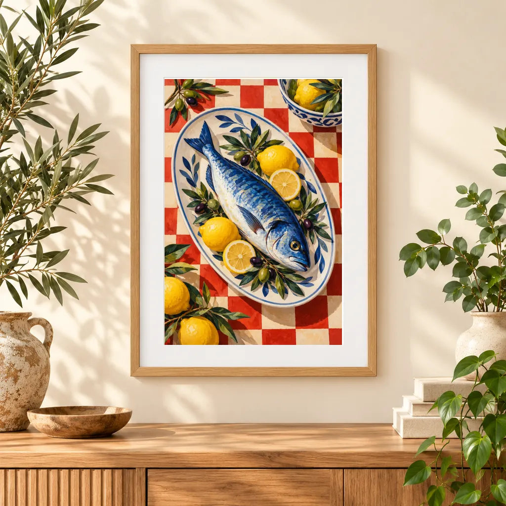 Framed home display of the mediterranean fish and lemon diamond painting